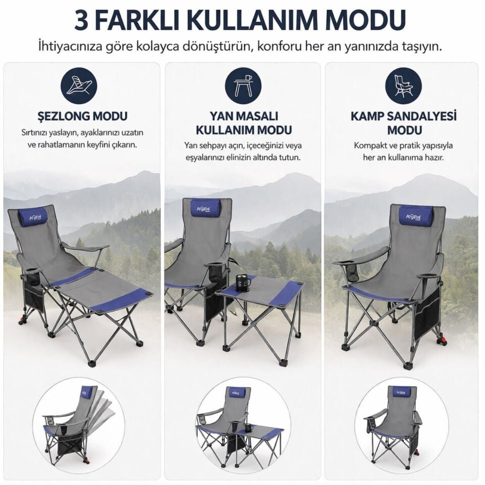 2 Adet Şezlong Kamp Sandalyesi ve Masa Seti - Plaj Seti - Lounge Elevate - Mavi