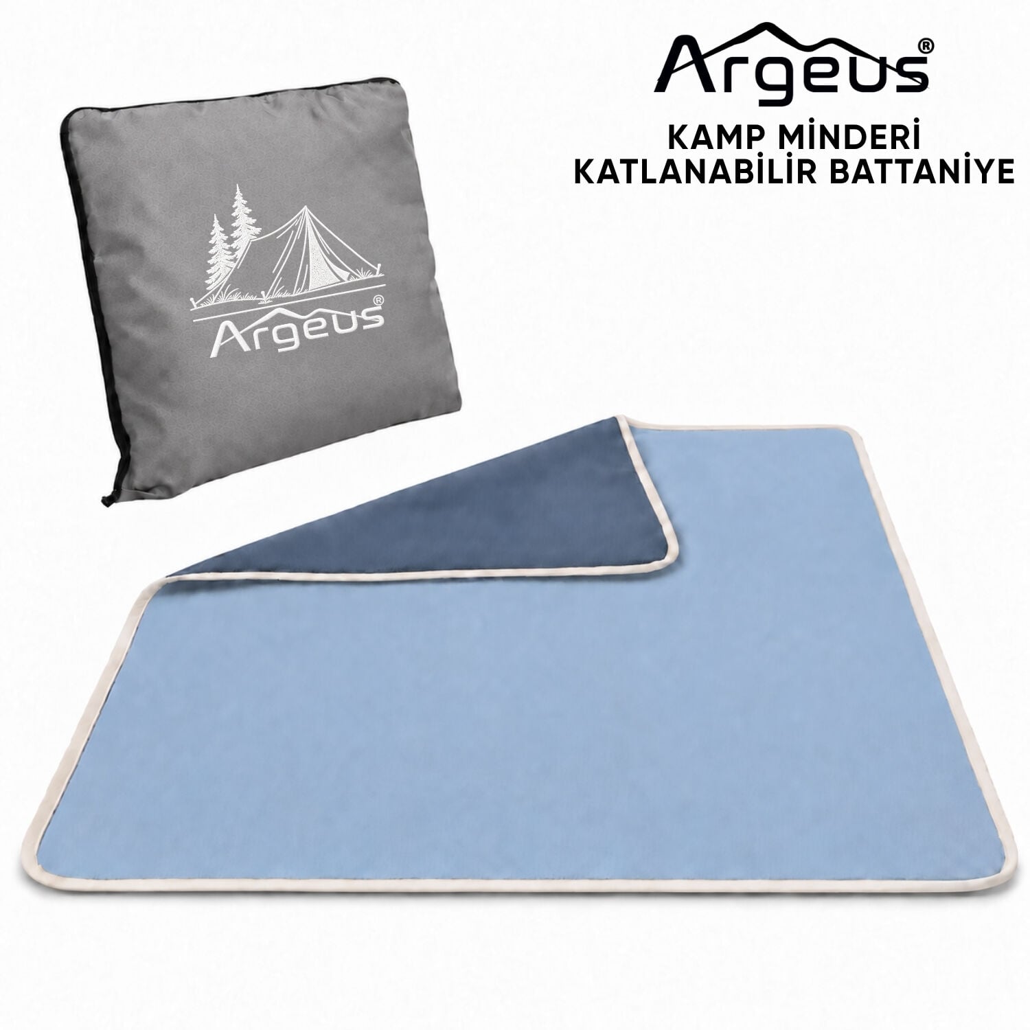 Kamp Minderi & Katlanabilir Kamp Battaniyesi - Argeus - Çadır Nakışlı - Gri