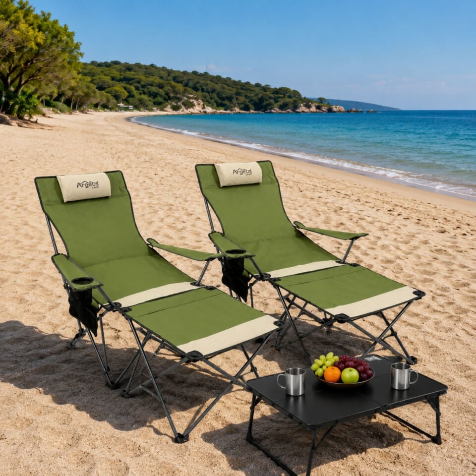 2 Adet Şezlong Kamp Sandalyesi ve Masa Seti - Plaj Seti - Lounge Elevate - Haki