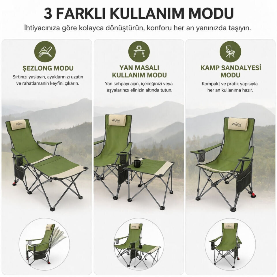 2 Adet Şezlong Kamp Sandalyesi ve Masa Seti - Plaj Seti - Lounge Elevate - Haki