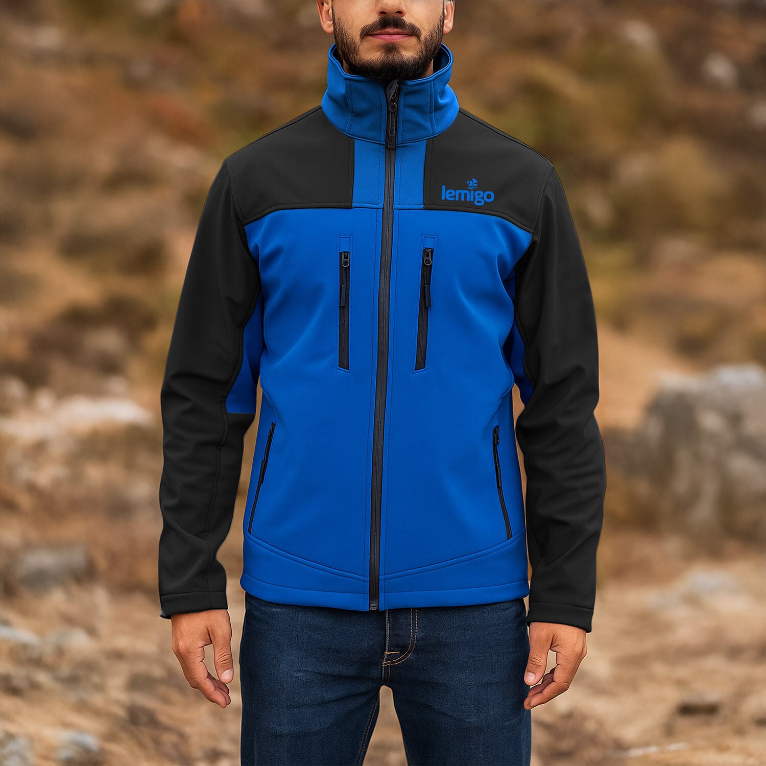 Su ve Rüzgar Geçirmez Softshell Mont - Lemigo - Mavi-Siyah