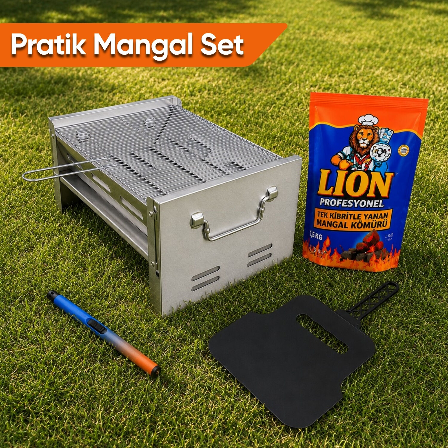 Pratik Mangal Set - Katlanabilir Mangal - Kömür - Çakmak -  Yelpaze