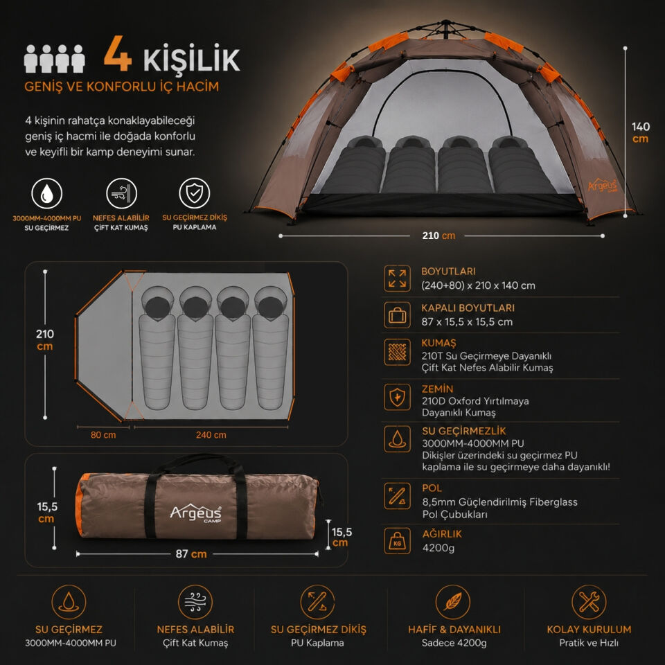 4 Kişilik Otomatik Kurulum Kamp Çadırı - Su Geçirmez - Çift Katlı - Argeus Iglo