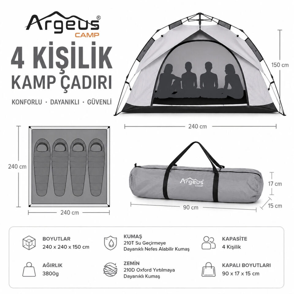 4 Kişilik Otomatik Kurulum Kamp Çadırı - 240x240x150cm - Argeus Infinity