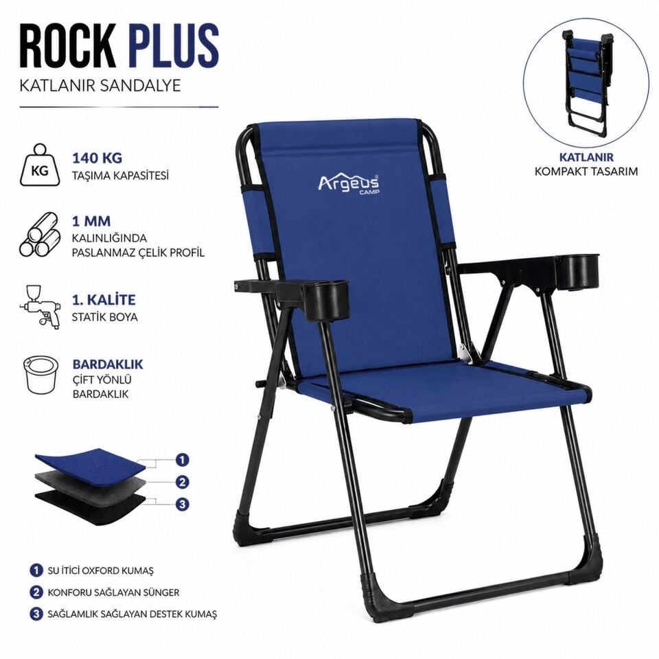4 Adet Katlanır Kamp Sandalyesi ve Ahşap Masa Seti - Rock Plus - Lacivert