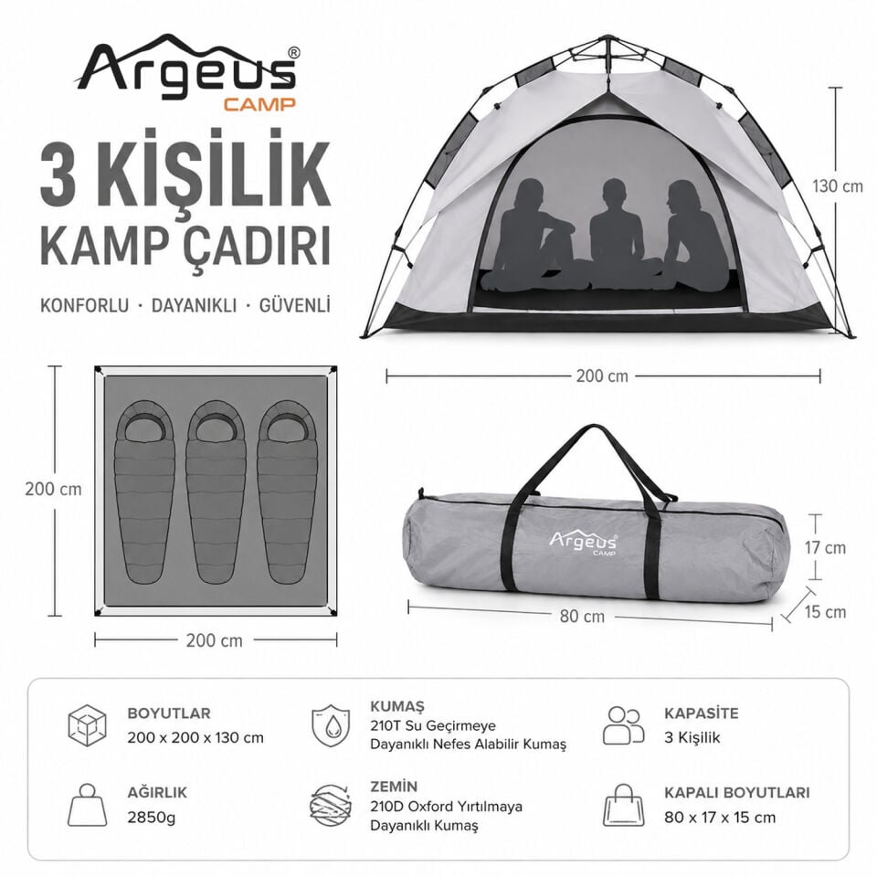 3 Kişilik Otomatik Kurulum Kamp Çadırı Seti - Çadır, Sandalye, Uyku Tulumu, Mat