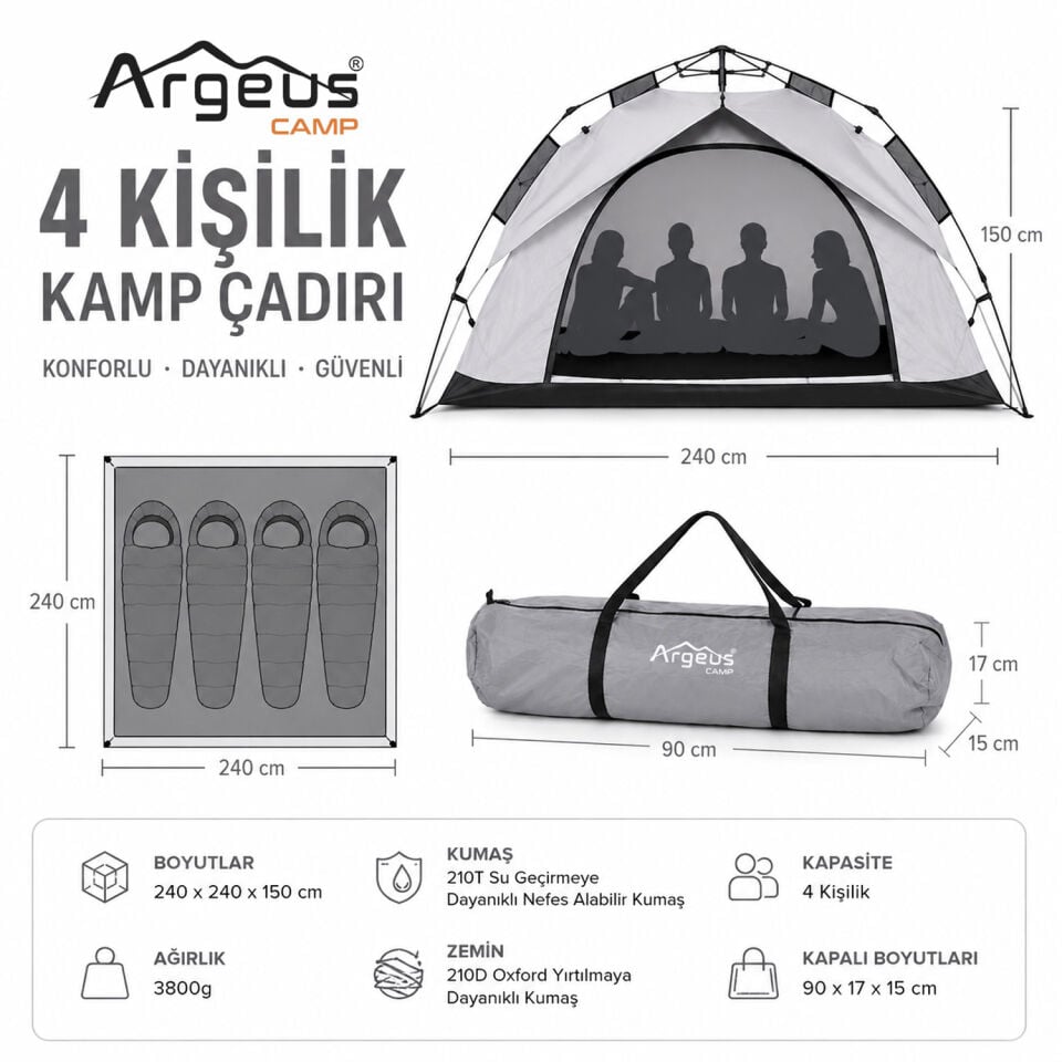 4 Kişilik Otomatik Kurulum Kamp Çadırı Seti - Çadır, Sandalye, Uyku Tulumu, Mat