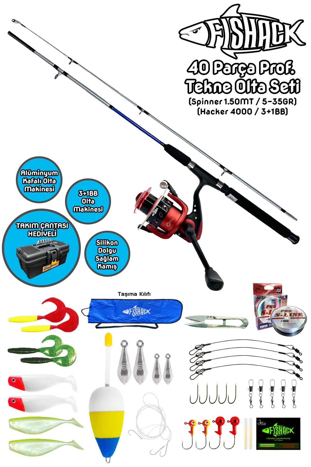 Fishack 40 Parça Profesyonel Tekne Olta Seti - 1.50MT/3+1BB
