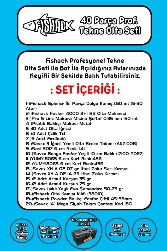 Fishack 40 Parça Profesyonel Tekne Olta Seti - 1.50MT/3+1BB