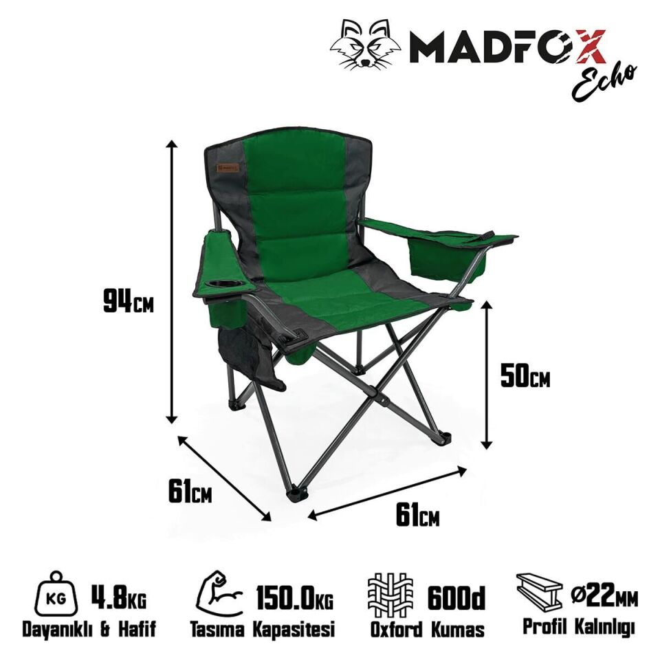 Katlanır Kamp Piknik Sandalyesi - Madfox Echo - Bardaklıklı - Yeşil - 547288
