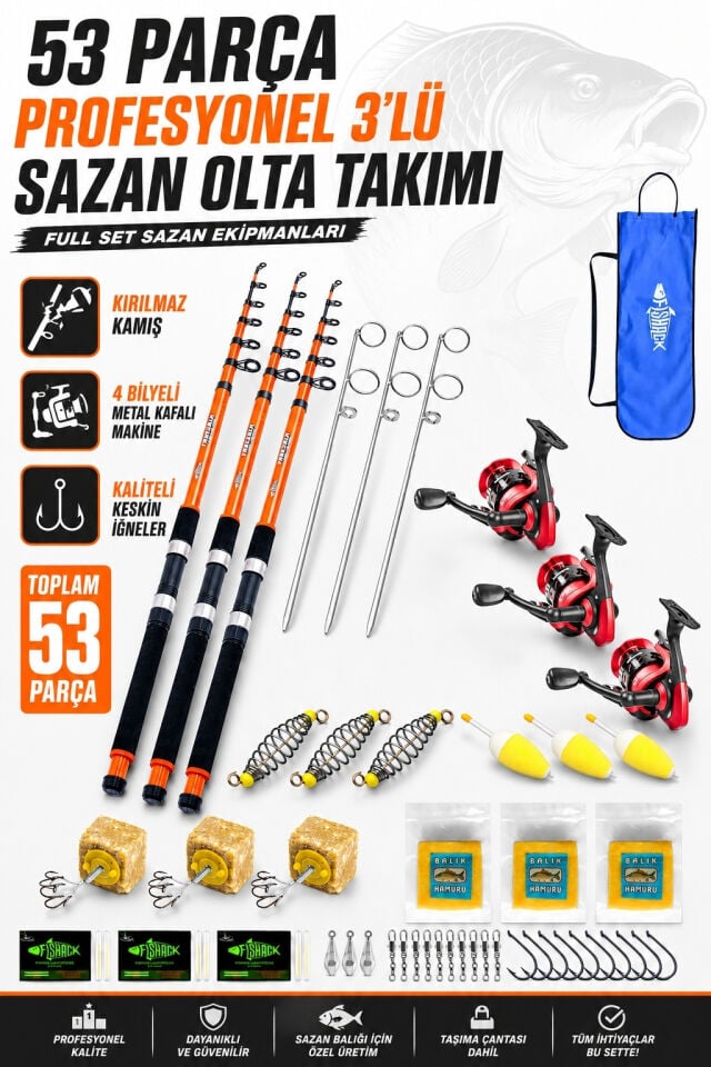 Profesyonel 3’lü Sazan Olta Takımı - 3.30MT- Kırılmaz Kamış Metal Kafa Makine