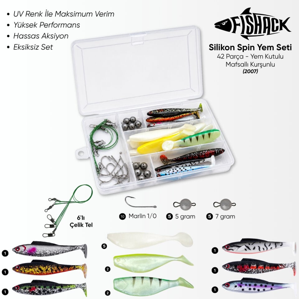Silikon Spin At-Çek Yem Seti - 42 Parça - Kurşunlu - Yem Kutulu - Fishack (2007)