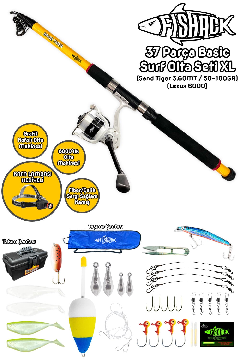 Fishack 37 Parça Surf Basic Deniz Olta Seti XL - 3.60MT / 50-100GR
