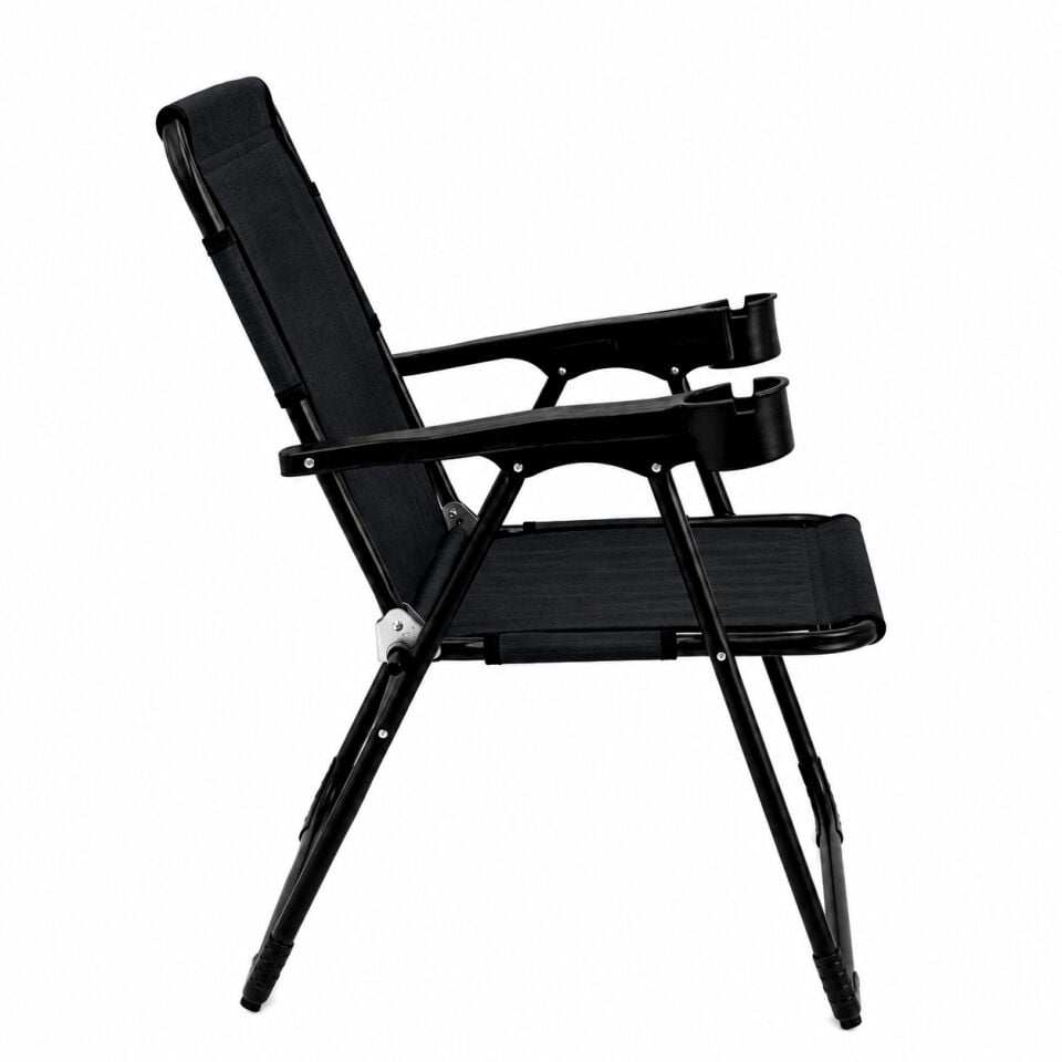 Katlanır Piknik ve Kamp Sandalyesi - Bardaklıklı - Rock Plus - Linen Siyah