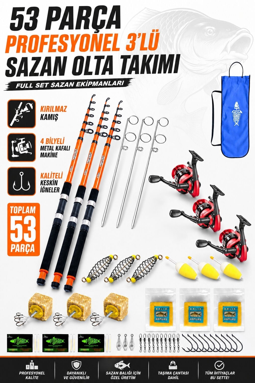Profesyonel 3’lü Sazan Olta Takımı - 3.60MT- Kırılmaz Kamış Metal Kafa Makine