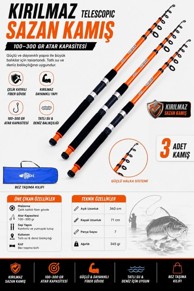 Profesyonel 3’lü Sazan Olta Takımı - 3.60MT- Kırılmaz Kamış Metal Kafa Makine
