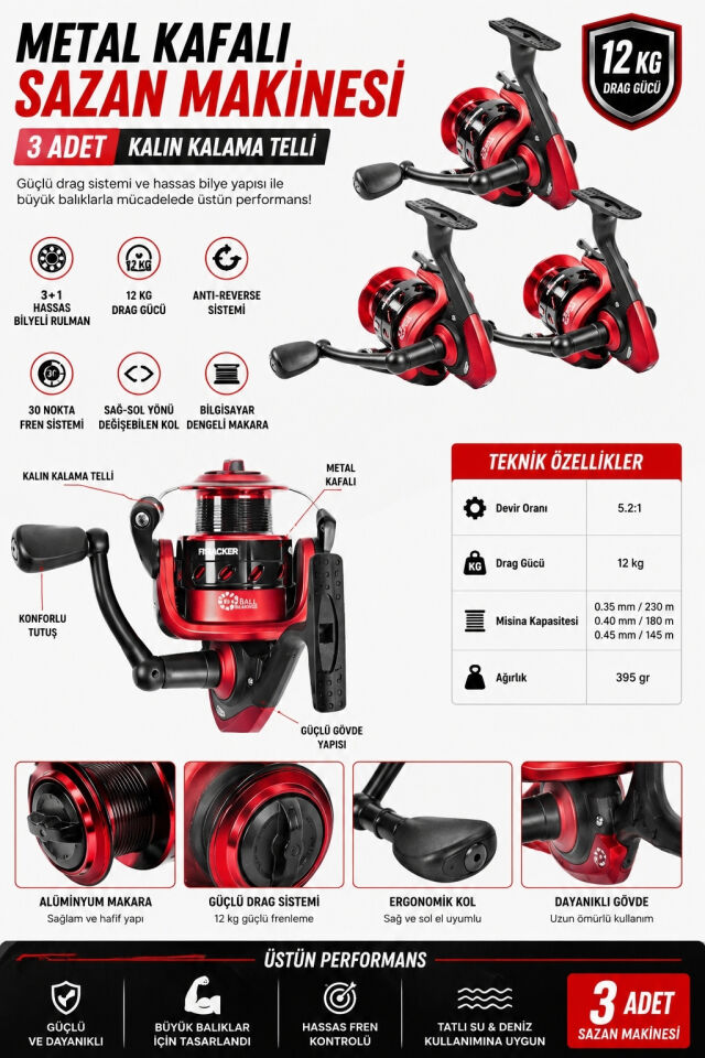 Profesyonel 3’lü Sazan Olta Takımı - 3.60MT- Kırılmaz Kamış Metal Kafa Makine