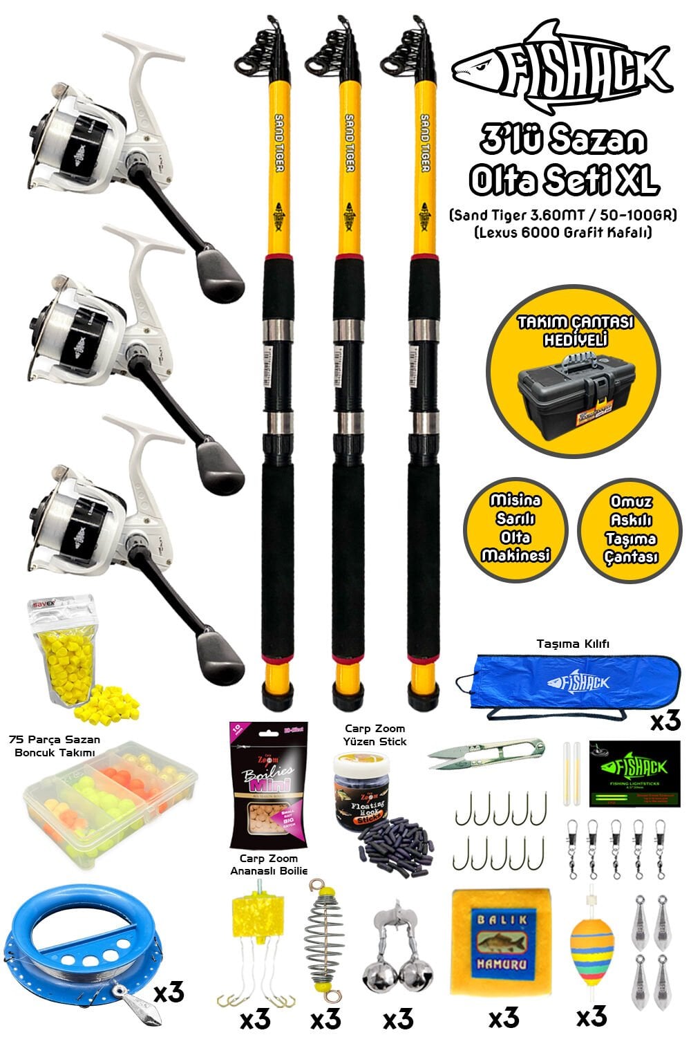 Tam Takım Sazan Olta Seti - 3'lü Set - XL - 3.60MT/50-100GR