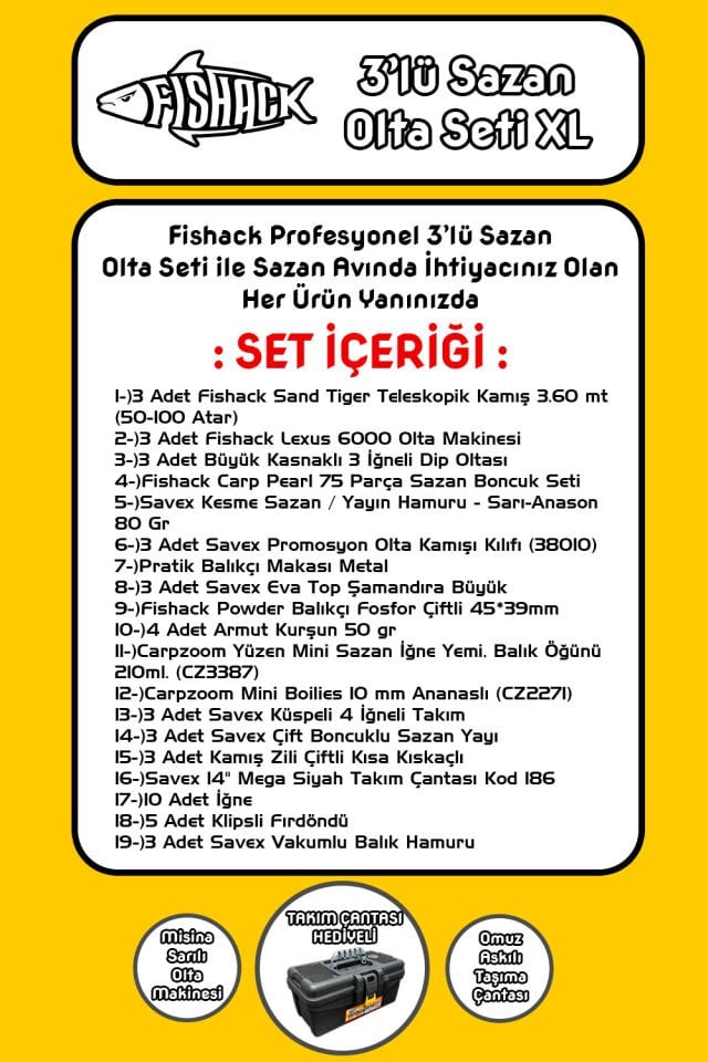 Tam Takım Sazan Olta Seti - 3'lü Set - XL - 3.60MT/50-100GR