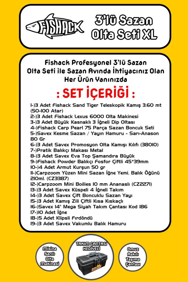 Tam Takım Sazan Olta Seti - 3'lü Set - XL - 3.60MT/50-100GR