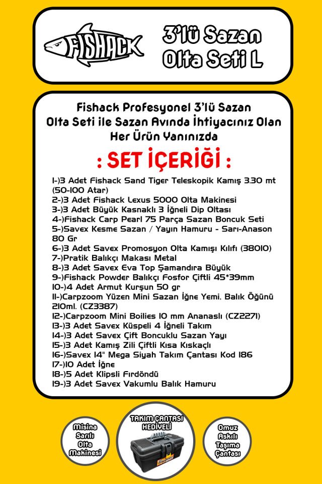 Tam Takım Sazan Olta Seti - 3'lü Set - L - 3.30MT/50-100GR