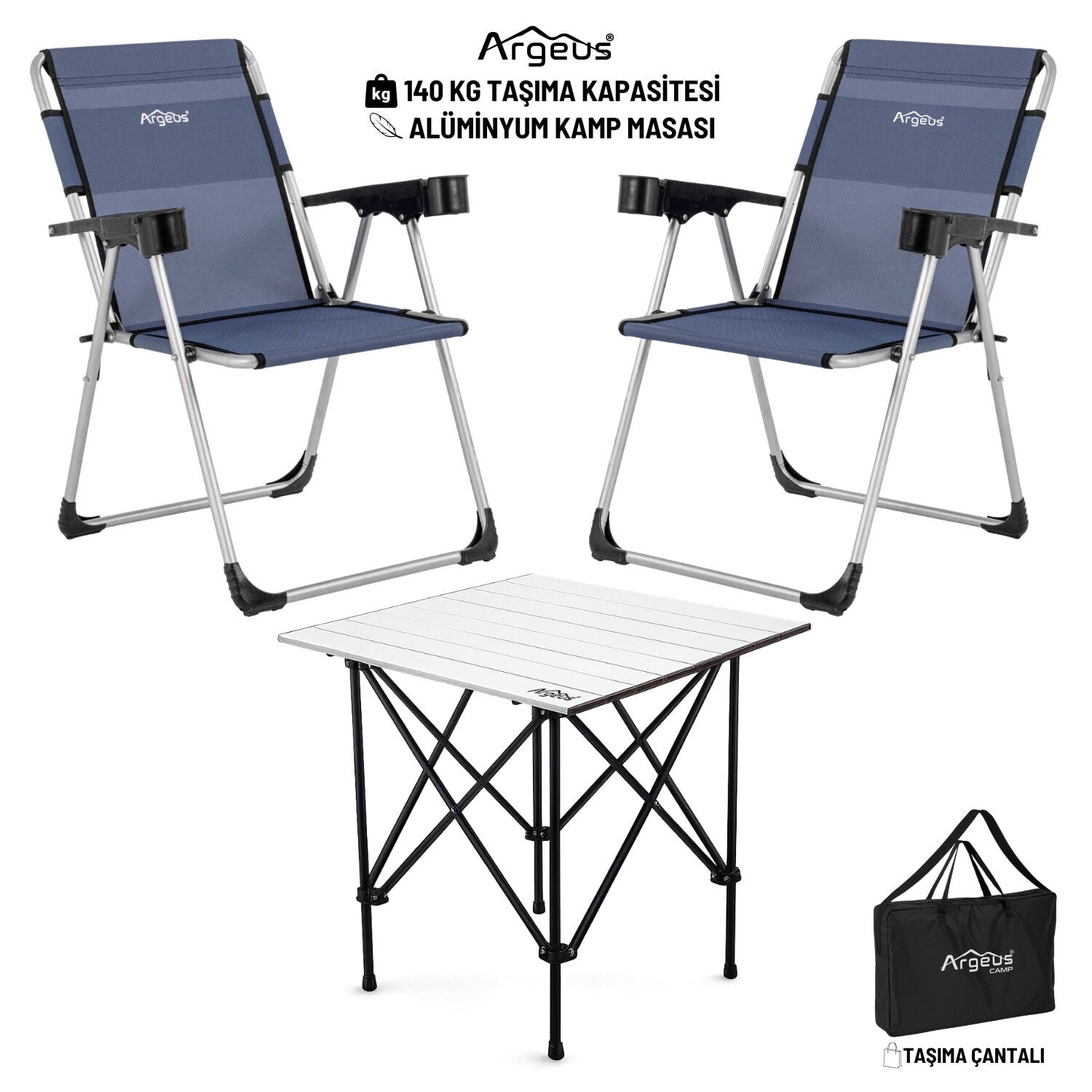 2 Adet Katlanır Kamp Sandalyesi ve Alüminyum Masa Seti - Rock Silver - Safir