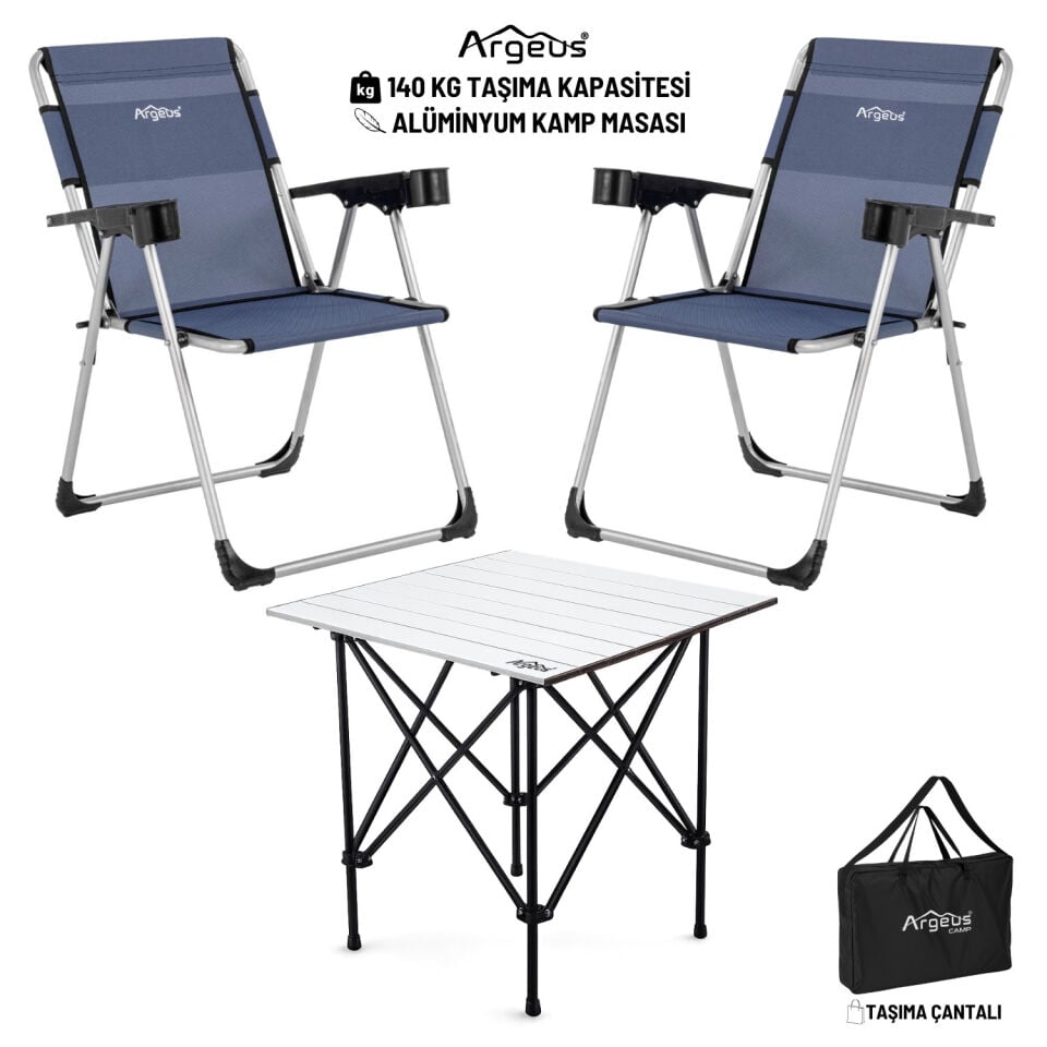 2 Adet Katlanır Kamp Sandalyesi ve Alüminyum Masa Seti - Rock Silver - Safir