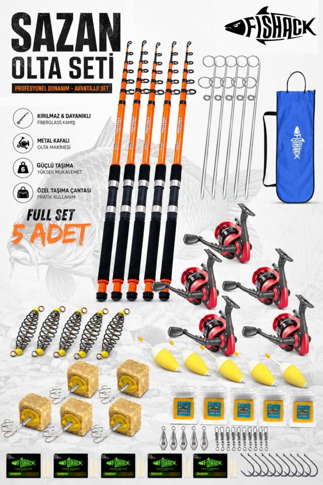 Profesyonel 5’li Sazan Olta Takımı - 3.60MT- Kırılmaz Kamış Metal Kafa Makine
