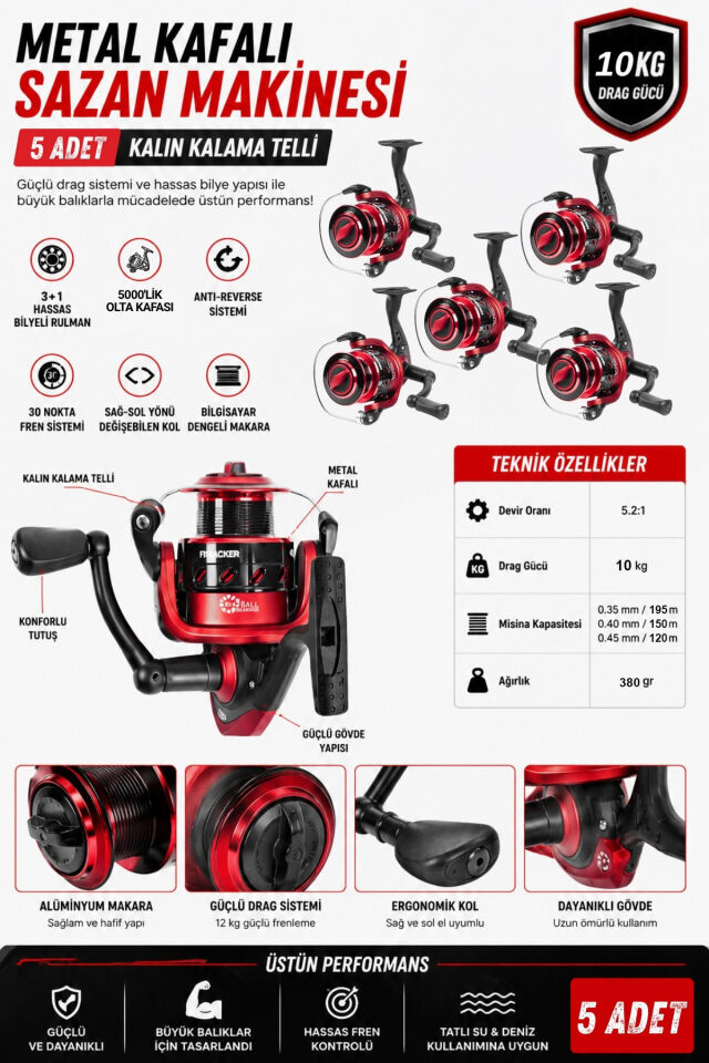 Profesyonel 5’li Sazan Olta Takımı - 3.30MT- Kırılmaz Kamış Metal Kafa Makine