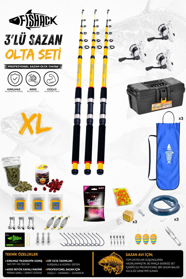 Full Set Profesyonel 3'lü Sazan Olta Seti - XL - Kırılmaz Kamış - 3.60M/50-100G