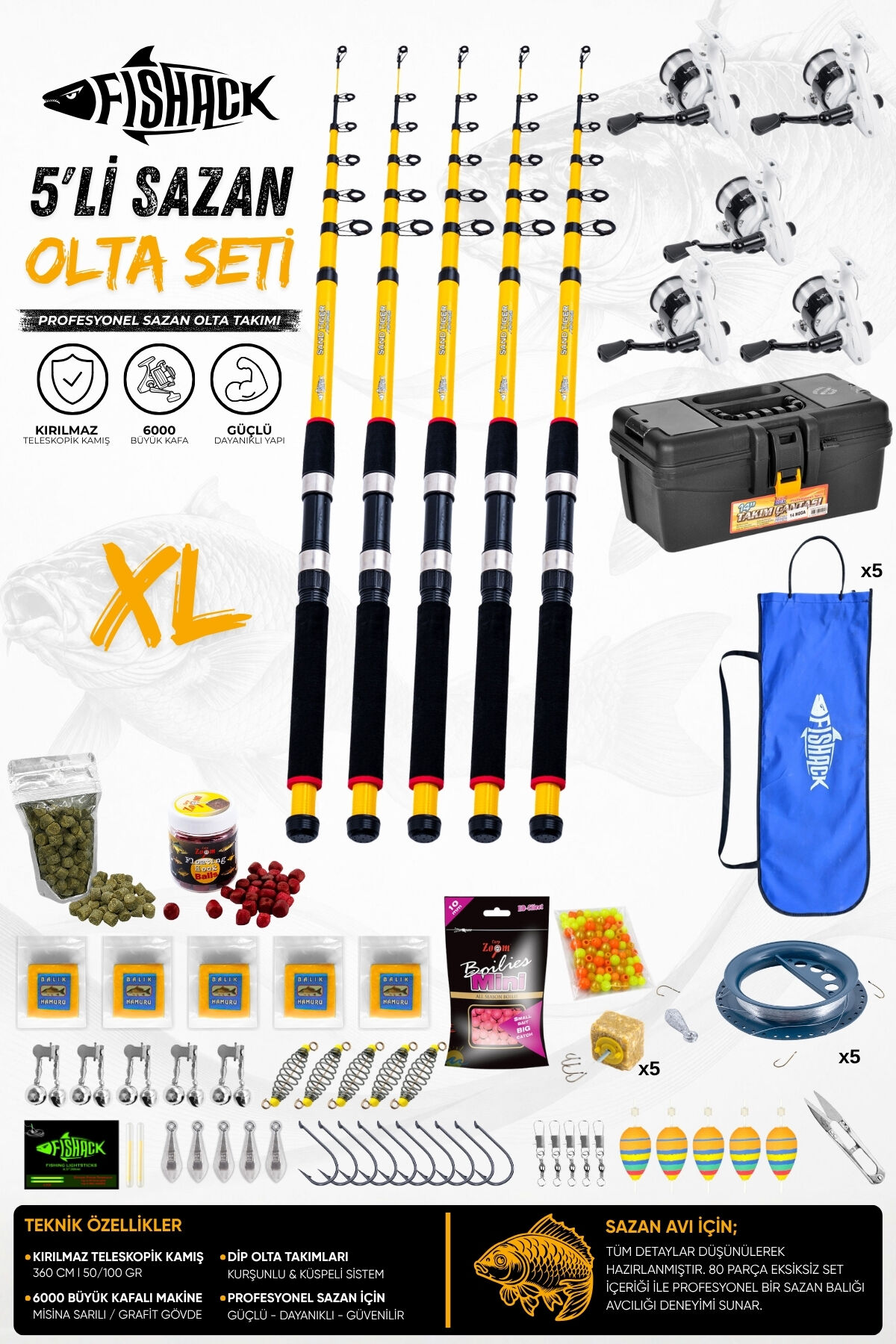 Full Set Profesyonel 5'li Sazan Olta Seti - XL - Kırılmaz Kamış - 3.60M/50-100G