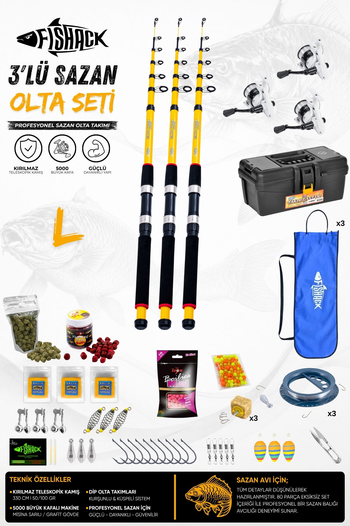 Full Set Profesyonel 3'lü Sazan Olta Seti - L - Kırılmaz Kamış - 3.30M/50GR