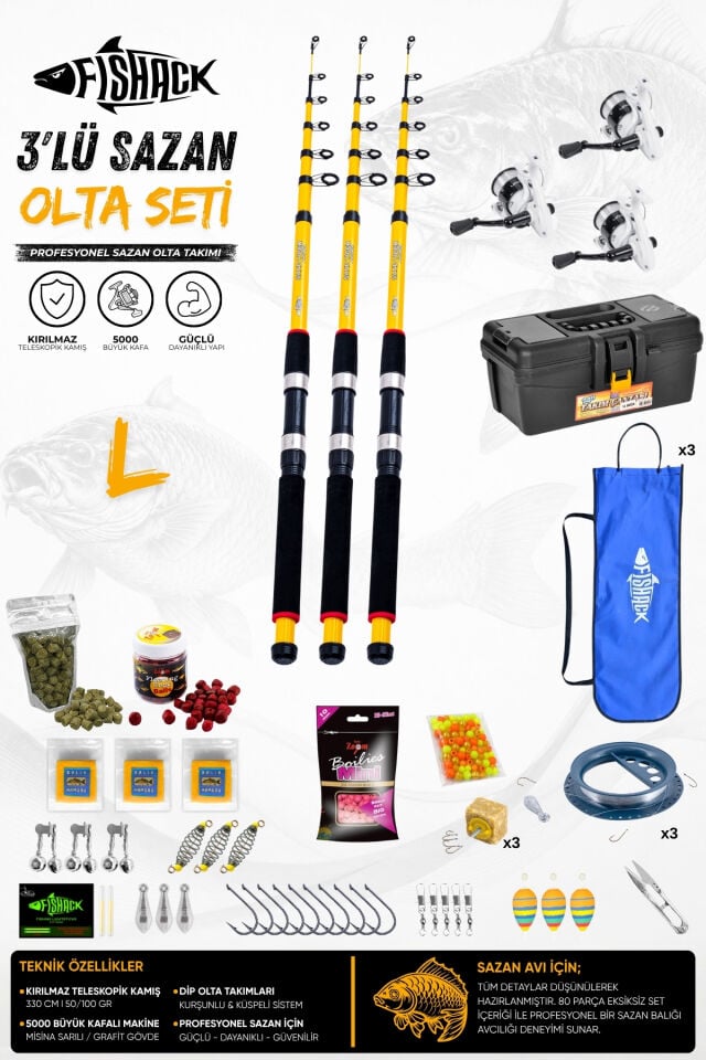 Full Set Profesyonel 3'lü Sazan Olta Seti - L - Kırılmaz Kamış - 3.30M/50GR