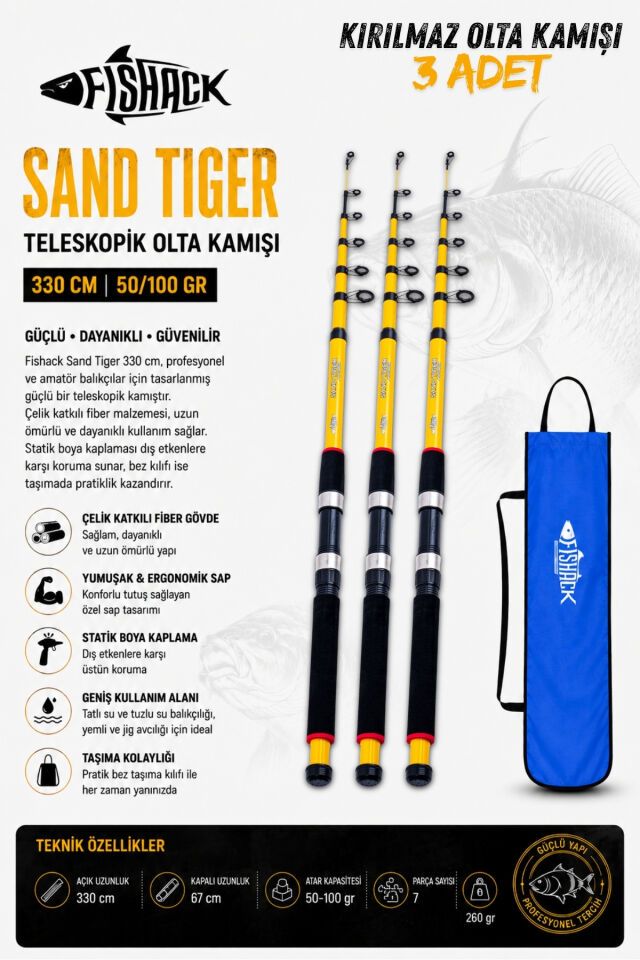 Full Set Profesyonel 3'lü Sazan Olta Seti - L - Kırılmaz Kamış - 3.30M/50GR