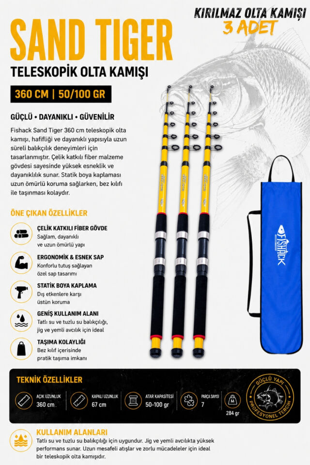Full Set Profesyonel 3'lü Sazan Olta Seti - XL - Kırılmaz Kamış - 3.60M/50GR