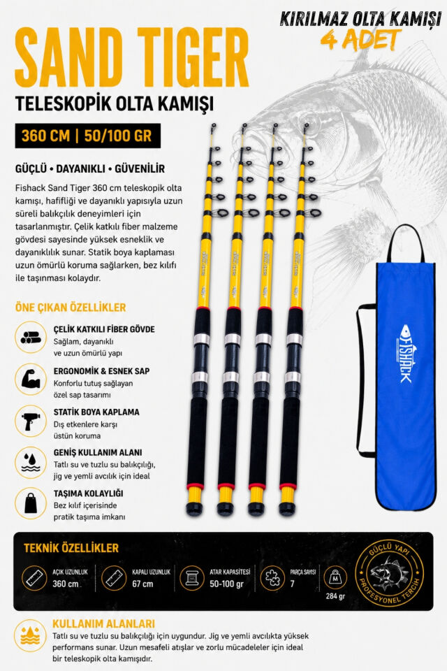 Full Set Profesyonel 4'lü Sazan Olta Seti - XL - Kırılmaz Kamış - 3.60M/50-GR