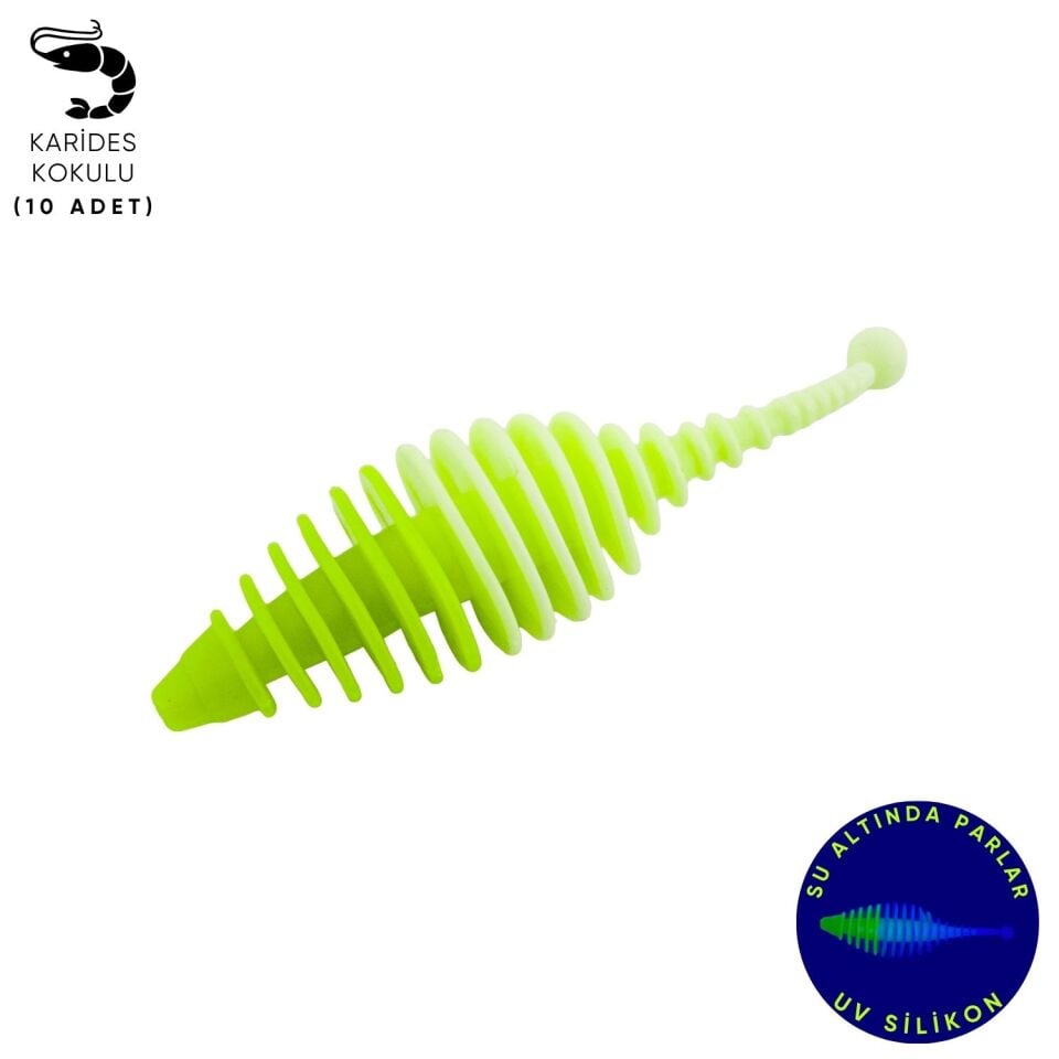 Silikon Kurt Yem - 3g 65mm - Fishack Wormix - 10 Adet - UV - Yeşil/Beyaz