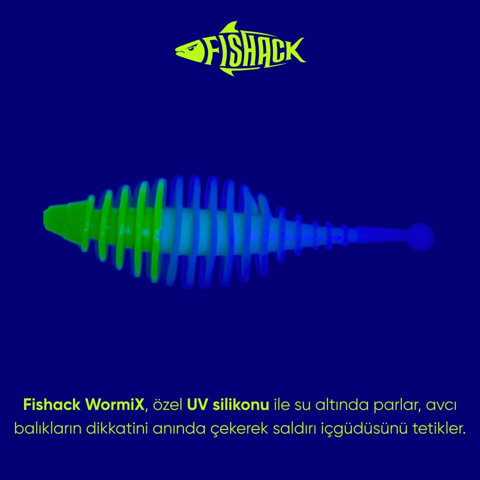 Silikon Kurt Yem - 3g 65mm - Fishack Wormix - 10 Adet - UV - Yeşil/Beyaz