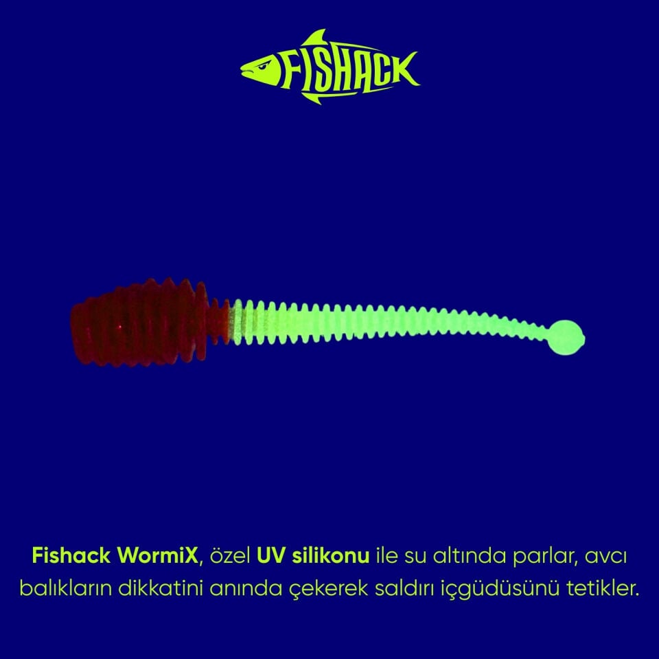 Silikon Kurt Yem - 2,1g 70mm - Fishack Wormix - 10 Adet - UV - Kırmızı/Beyaz