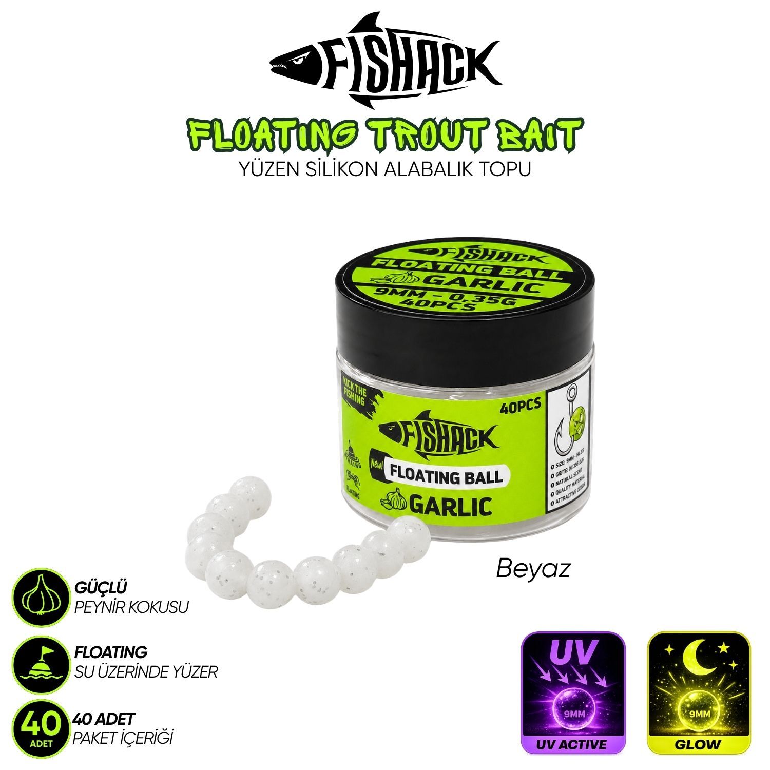 Yüzen Silikon Alabalık Topu - Fishack EggX - 40 Adet - Sarımsak Kokulu Beyaz