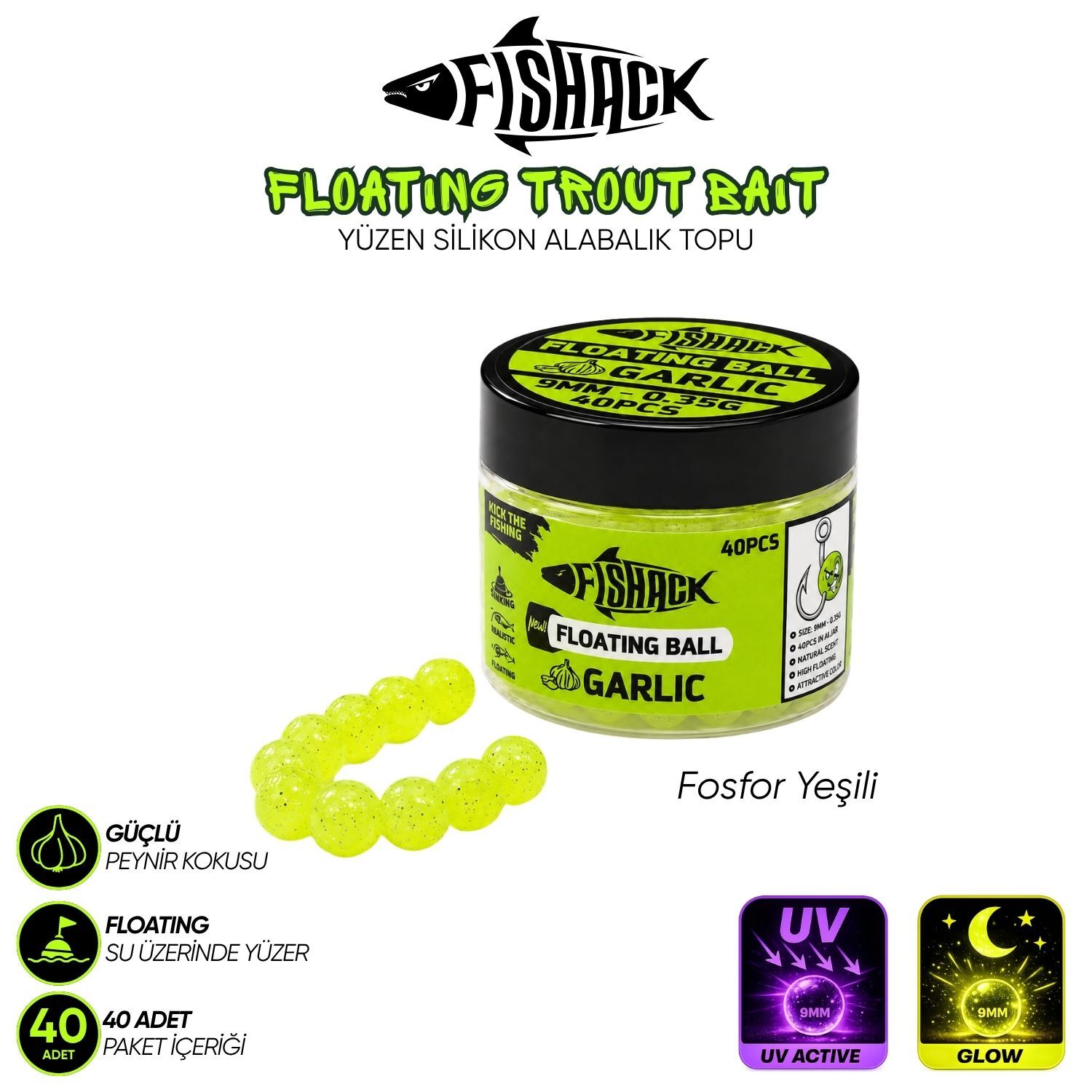 Yüzen Silikon Alabalık Topu - Fishack EggX - 40 Adet - Sarımsak Kokulu Fosfor Yeşili