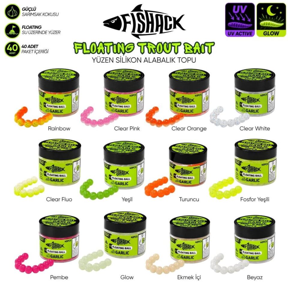 Yüzen Silikon Alabalık Topu - Fishack EggX - 40 Adet - Sarımsak Kokulu Fosfor Yeşili