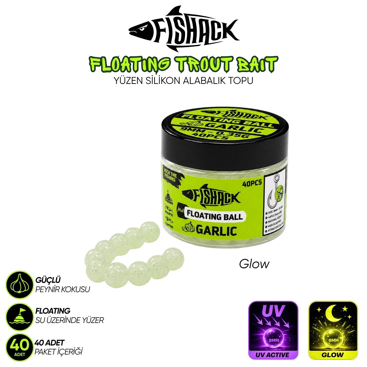 Yüzen Silikon Alabalık Topu - Fishack EggX - 40 Adet - Sarımsak Kokulu Glow