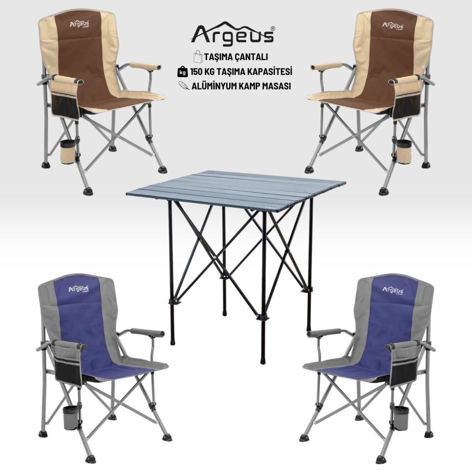 4 Adet Katlanır Kamp Sandalyesi ve Alüminyum Masa Seti - Rustic Dark - Kum/Mavi