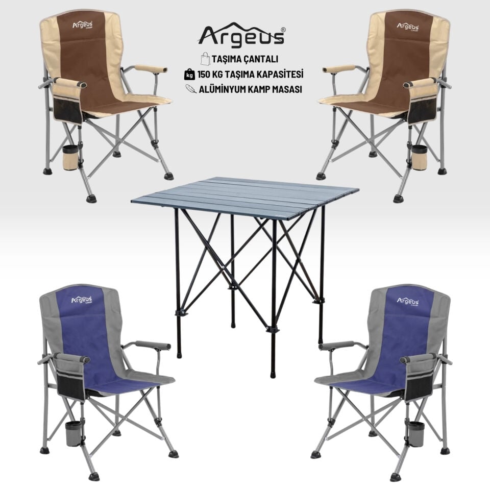 4 Adet Katlanır Kamp Sandalyesi ve Alüminyum Masa Seti - Rustic Dark - Kum/Mavi