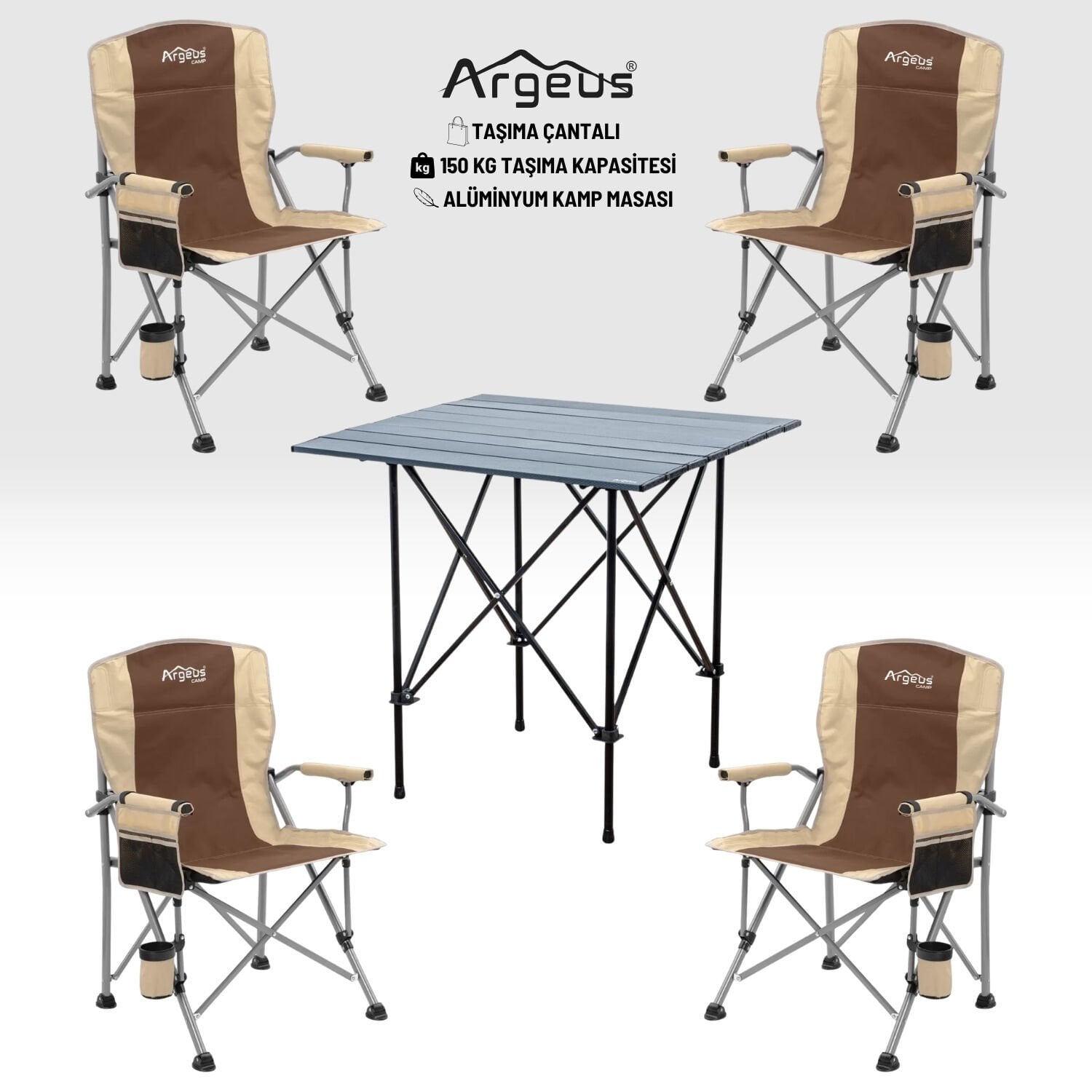 4 Adet Katlanır Kamp Sandalyesi ve Alüminyum Masa Seti - Rustic Dark - Kum