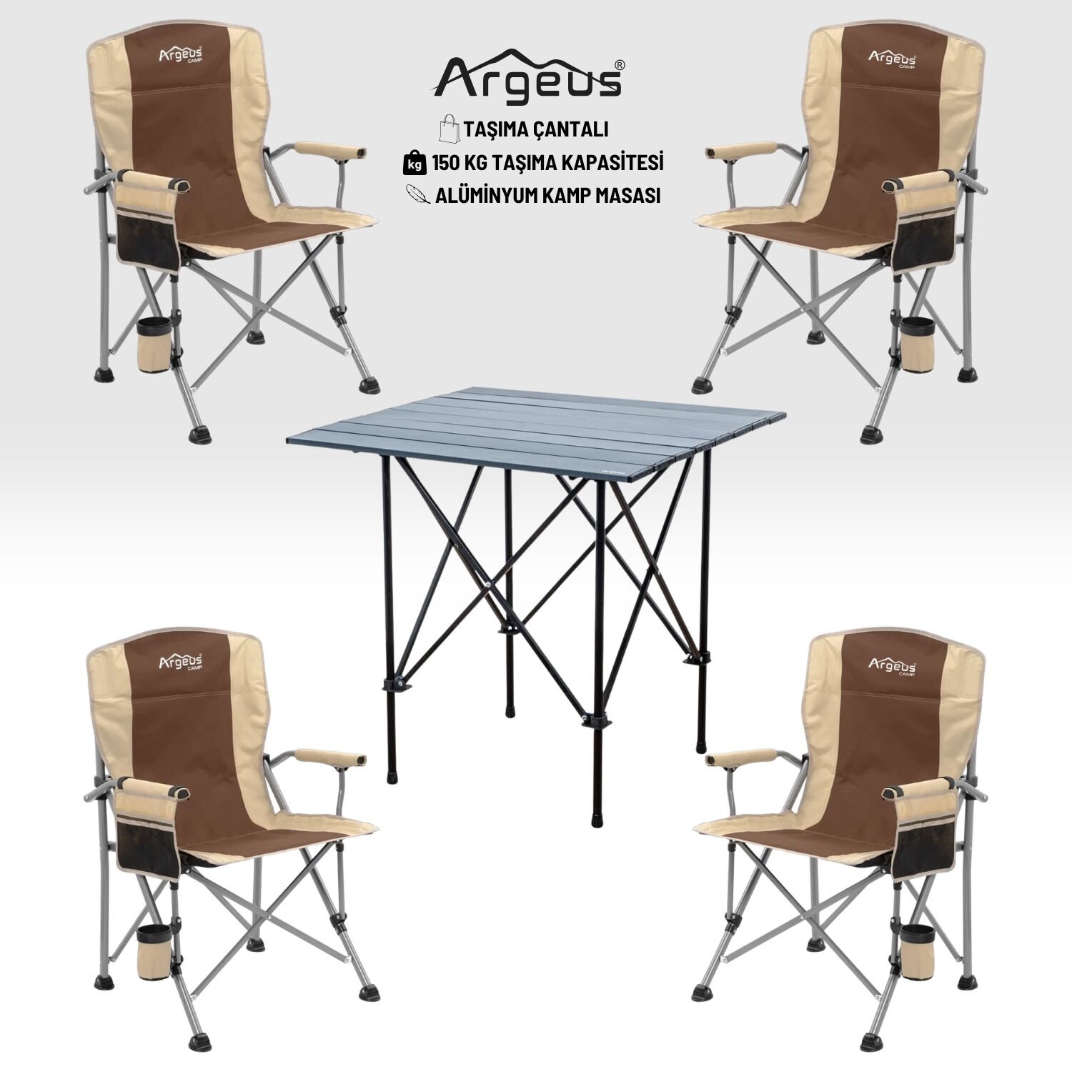 4 Adet Katlanır Kamp Sandalyesi ve Alüminyum Masa Seti - Rustic Dark - Kum