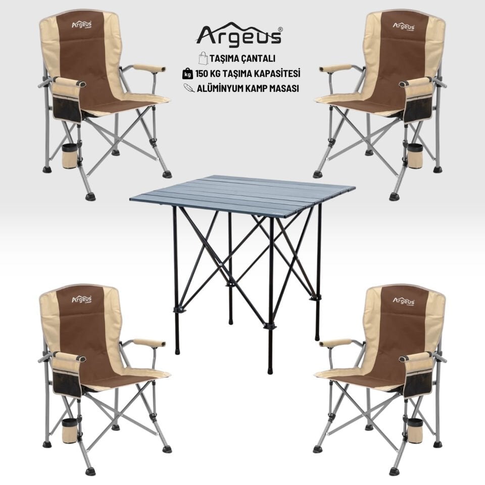 4 Adet Katlanır Kamp Sandalyesi ve Alüminyum Masa Seti - Rustic Dark - Kum