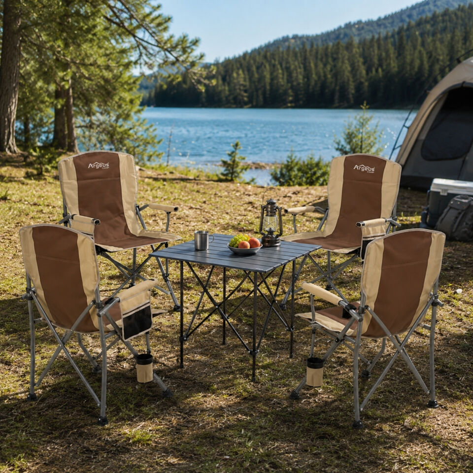 4 Adet Katlanır Kamp Sandalyesi ve Alüminyum Masa Seti - Rustic Dark - Kum