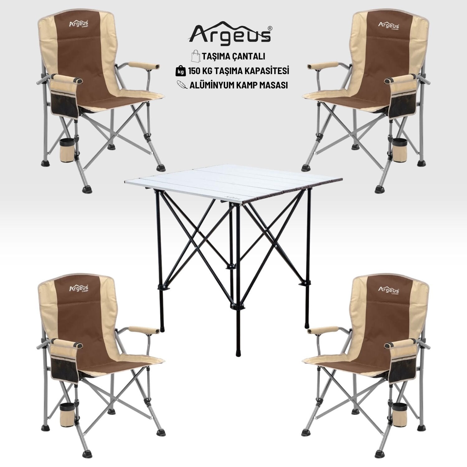 4 Adet Katlanır Kamp Sandalyesi ve Alüminyum Masa Seti - Rustic Silver - Kum